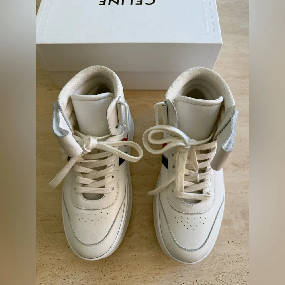 New Celine Mid Lace-up White Calf Skin Sneakers Size:37